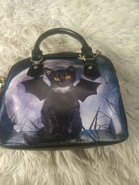Black Bat-Cat Print Satchel with Yellow Eyes